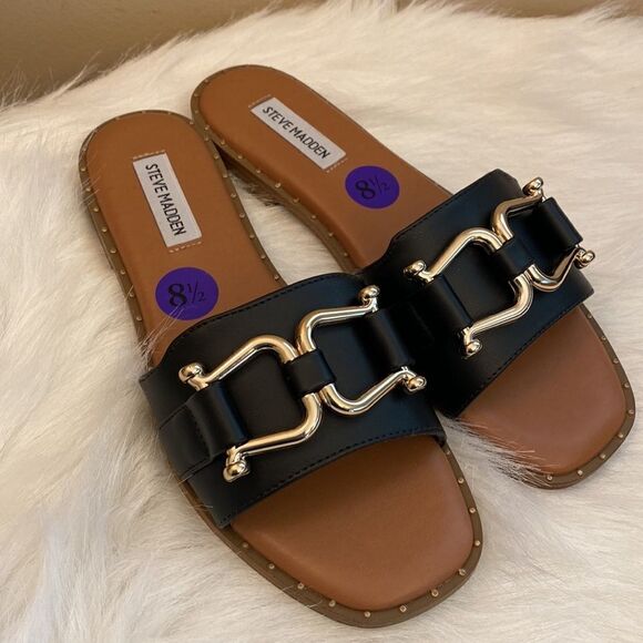 NWT Steve Madden Alita Black w/ Gold Tone Buckle Slide Sandals - Various Sizes - Picture 7 of 13